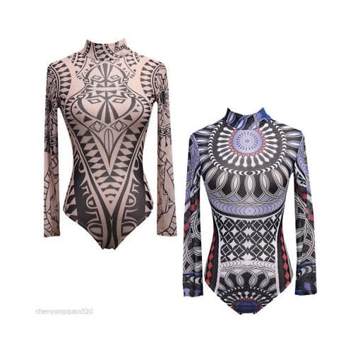 2020 New Sexy Women Tattoo Tribal Print Stretchy Bodysuit See-Through Mesh Sheer Long Sleeve Top Lady Clubwear O Neck Bodycon
