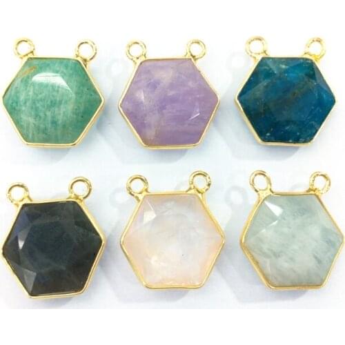 Faceted gemstone Hexagon shape connector gold bezel amethyst rose quartzs amazonite pendant charms fashion bracelet findings