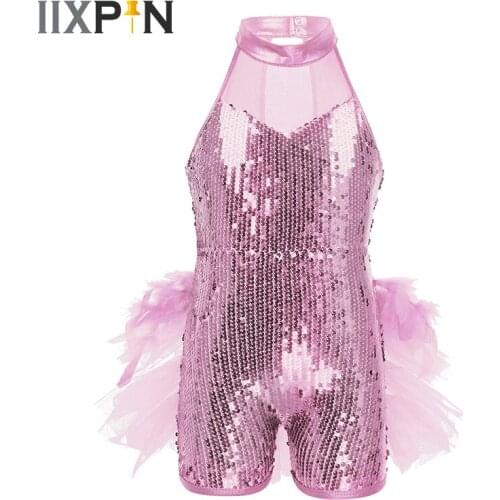 Latin Dress Shiny jazz Costume Jumpsuit Sequins Jazz Latin Ballet Dance Costume Leotards for Girls Sleeveless Mock Neck Leotards