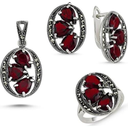 Silver 925 Sterling Marcasite Pendant Earring & Ring Set