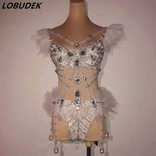 Silver Rhinestones Bikini Bodysuit Dance Costume Nightclub DJ Singer Concert Stage Wear Sexy Dance Team Pole Dancing Bodysuits