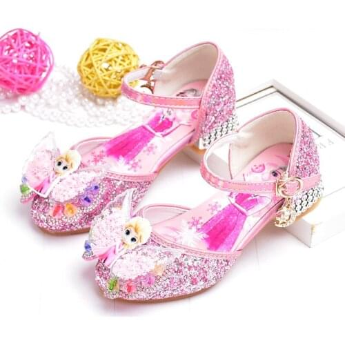 New Elsa Princess Kids Leather Shoes for Girls Bow Casual Glitter Children High Heel Girls Shoes Butterfly Knot Blue Pink