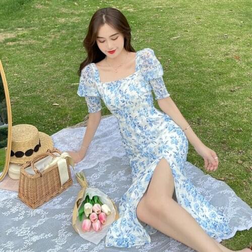 French Vintage Floral Dress Women Designer Elegant Split Party Midi Dress Female Casual Kawaii Korean Fairy Dress Summer 2021 F