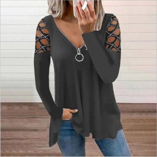 Womens Hollow Out T-shirt 2021 Autumn New Tops V-Neck Zipper Solid Long Sleeve Casual Loose Plus Size Female T-Shirt Harajuku