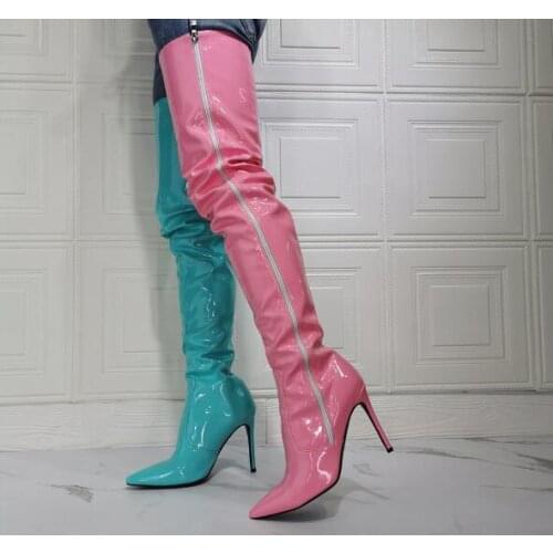 Left Pink Right Blue Patent Leather Special Patchwork Zipper Side Over The Knee Boots Woman Sexy Pointed Toe Thigh Long Boots