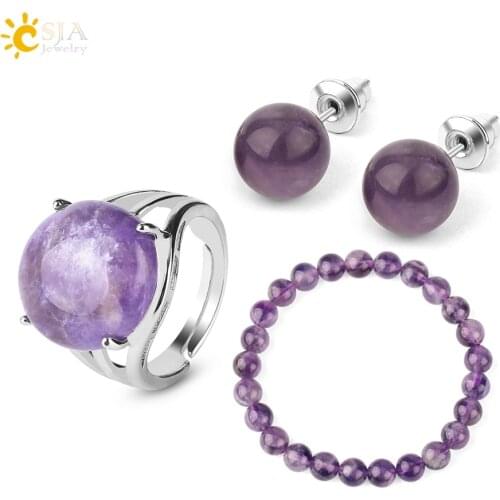 CSJA Natural Stones Jewelry Sets Healing Pink Quartz Purple Crystal Green Aventurine Stud Earrings Bracelets Ring for Women G369
