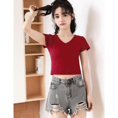 6 Color 100% Cotton Women V-Neck Solid Crop Top Vogue Short Small Tees Casual S,M,L Size Lady Slim Fit T-Shirt Joker Base Tops