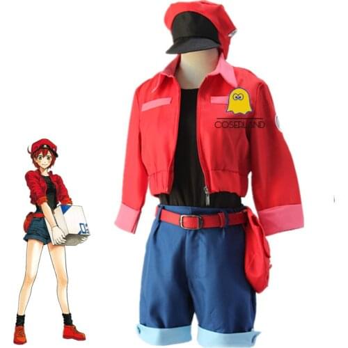 6 PCS Cells At Work Red Blood Cell Cosplay Costume Wig Women Erythrocytes Hataraku Saibou Uniform Hat Top Tee Shorts Belt Bag