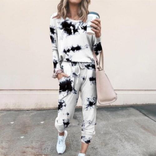 Autumn Winter Tie Dye Printed Women Set Casual Home Wear Long Sleeve Top + Trousers Suit with Pockets