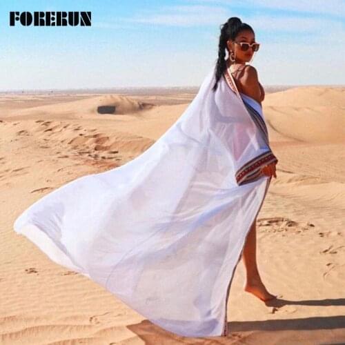 FORERUN Long Kimono Cardigan White Beach Dress Women Summer Bikini Cover Up Embroidery Wrap Chiffon Dresses Vestido Playa Mujer