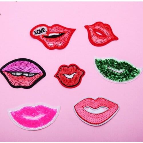 100pcs/lot Sequin Bead Embroidery Iron Patch Letter Red Lip Bags Decorative Sewing Accessories Appliques Heat Transfer Stickers
