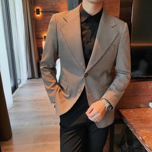 2021 Autumn Houndstooth Men Blazers British Style Wedding Business Casual Suit Jackets Slim Social Party Tuxedo Dress Coat