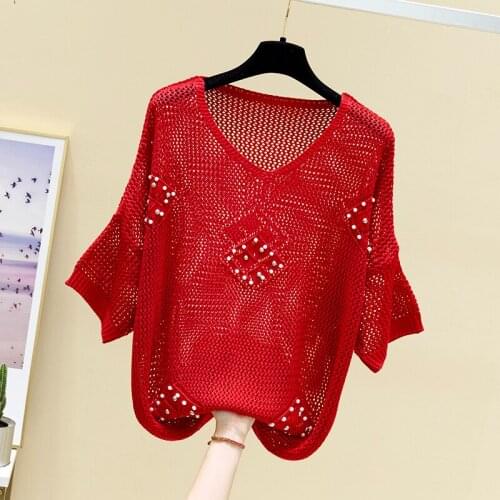Spring 2021 new V-neck hollow out Beaded bat middle sleeve loose blouse thin knitting base coat fashion