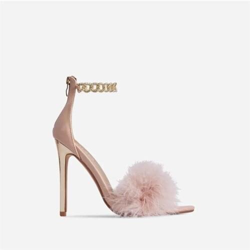 Feather Chain Strap Sandals Women Sexy High Heels Pumps Shoes Thin Heels Shoes Pointed Toe Lady Pump Shoes