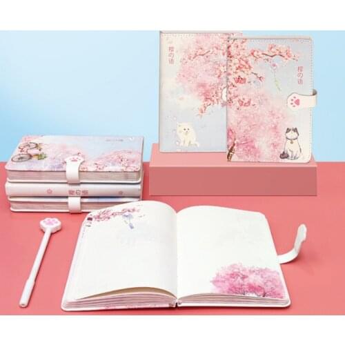 Kawaii Cartoon Sakura Notebook PU Soft Cover Cute Cat Paw Diary Book Stationery Jornal Planner Book Floral Color Pages Included