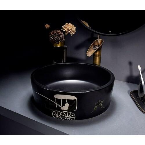 Ceramic art black table basin retro carved washbasin bathroom washbasin household round basin