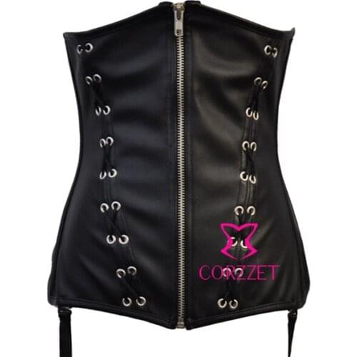 Latex Lace Up Boned Zipper Slim Shaper Waist Cincher Black Leather Underbust Corset Cheap Short Bustiers & Corsets For Women XXL