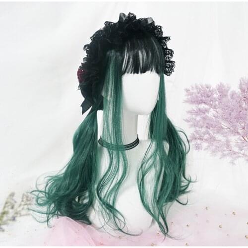 CosplayMix 67CM Halloween Lolita Girls Cute Long Wavy Fluffy Black Mix Green Ombre Bangs Party Synthetic Hair Cosplay Wig+Cap