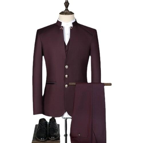 Men Suit Sets Chinese Tunic Suits Stand Collar Classic Mens Casual Blazer Brand Design Business Male Cotton Suit Set 3 pieces