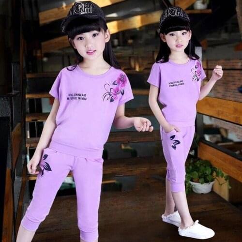 Summer New Style Female Middle School Childrens Short-Sleeved Casual Sports Suit Childrens Clothing little Girl Clothing Korea