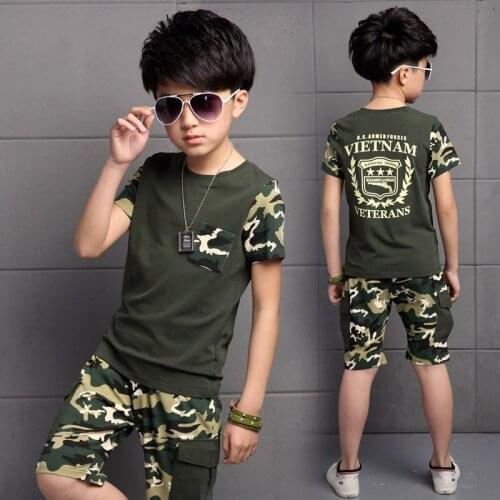 Summer kids outdoor sports clothes children casual short-sleeved boys camouflage uniforms t-shirt top and shorts sets 5-14 year