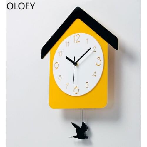 Modern Design Wood Wall Clock Cuckoo Clock Pendulum Yellow Bird Living Room Childrens Room Cartoon Home Decor Wall Watch