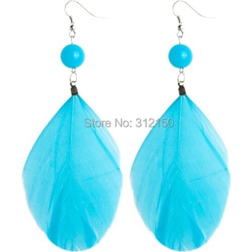 2015 New Free Shipping Fashion Hot blue beads Bohemia feather earrings female Girl dangle drop earring charm