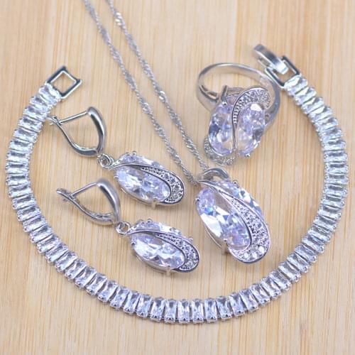 2019 New Big Oval White CZ Jewelry Sets Silver Color 4PCS Wedding Jewelry For Women Wedding Party Sets