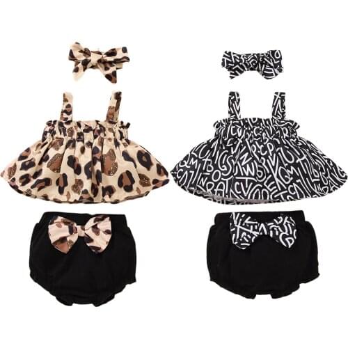 0-12M Infant Baby Girl Clothing 3pcs Leopard Print Spaghetti Straps Tops+Bow Shorts+Headdress for Infants Outfits 2021 New
