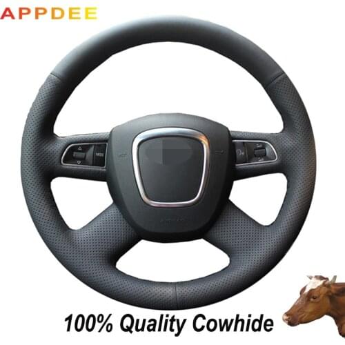Black Genuine Leather Steering Wheel Cover for audi a4 velho b7 b8 a6 c6 2004-2010 2011 q5 2008-2010 2011 2012 q7 2005-2010 2011