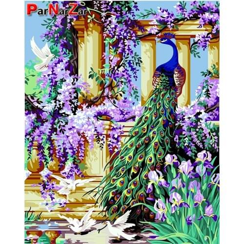 ParNarZar 5D DIY Diamond Painting Kits - Peacock Under Purple Flower Vine - Mosaic Embroidery Art for Home Wall Decorations