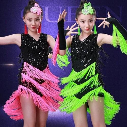 Girls Tassels Ballroom latin dancing dress Children Stage Sequined Jazz Outfits Performance Salsa Dance Dress costumes & Gloves