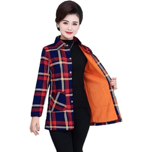 Plaid Shirt Female Middle-aged and Elderly Womens Shirt Spring Autumn Plus Velvet Thicken Single-breasted Jacket Tops 2020 W21