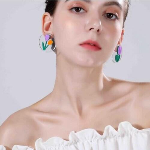 New Arrival Transparent Little Circle Purple Tulips Acrylic Stud Earrings Irregular Flower Stud Earrings Fashion Jewelry 2019