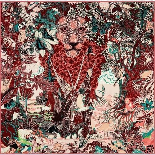 90cm Jungle Lion 100% Twill Silk Square Scarf Women Shawl Brand Hijab Scarf Design Bandana Hand Rolled Hem Foulard Head Scarves