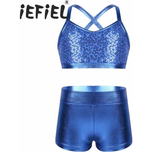 Girls Performance Bra Top Tankini Outfit Sequined Ballet Tutu Ballerina Fancy Costumes for Ballet Dance Gym Workout Dancing Wear