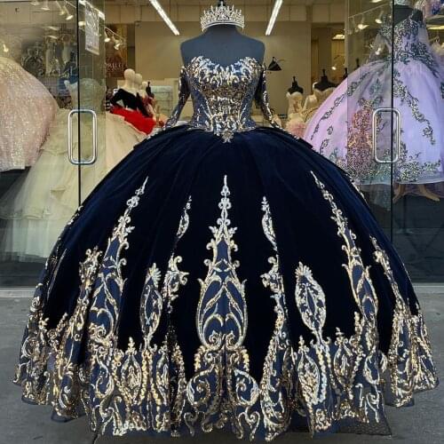 Navy Blue Velvet vestidos de 15 años 2021 Puffy Burgundy Quinceanera Dress Sweet 16 Dress Long Prom Gowns Lace-Up Sleeves