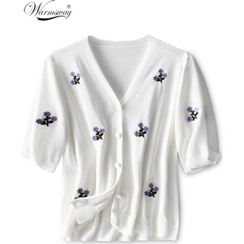 Floral Embroidery Ladies T-Shirt V-Neck Summer Puff Sleeve Buttons Streetwear Womens Sweet Slim Tee Tops C-269