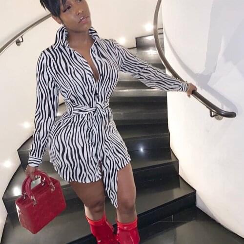 2020 Zebra Striped Print Long Sleeve Shirt Dress with Sashes Women Turn-down Collar Button Sexy Nightclub Party Short Mini Dress