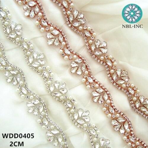 10 YARDS) Wholesale hand sewing bridal beaded rose gold crystal rhinestone pearl applique trim for wedding dress sash WDD0405