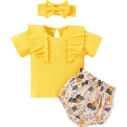 2021 0-24M Infant Baby Girl Clothing Solid Color Ruffle Short Sleeve Knitted Top+Floral High Waist Shorts+Headband 3pcs Set