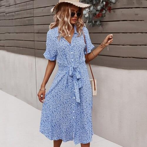 2021 Summer Go On Holiday Midi Shirt Dress Women Floral Print Button Lapel Lace Up Belt Vacation Beach Wear Dresses For Woman