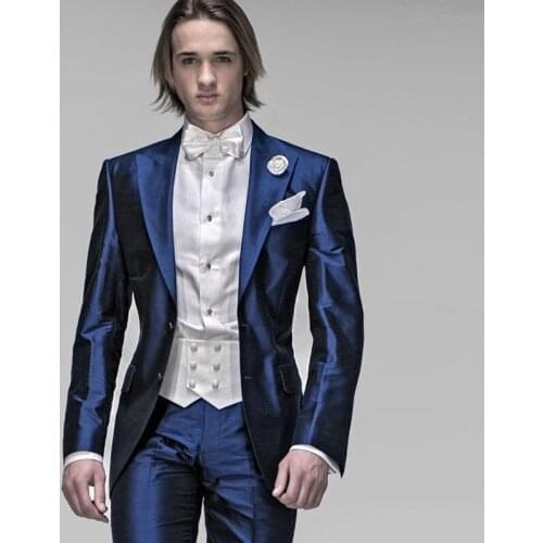 Shinny Italian Navy Blue Satin Double Breasted Men Suits Slim Fit Formal Gentlemen Wedding Suits for Men Tuxedos Blazer 2 Pieces