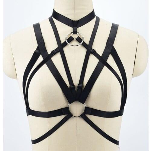 Fetish Wear Body Harness With Silver Big O-ring Pendant Harajuku Bondage Harness Lingerie Women Body Cage Bra Sexy Harness Bra