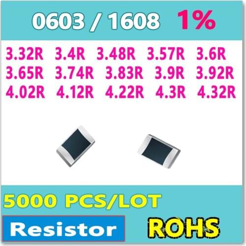 JASNPROSMA OHM 0603 F 1% 5000pcs 3.32R 3.4R 3.48R 3.57R 3.6R 3.65R 3.74R 3.83R 3.9R 3.92R 4.02R 4.12R 4.22R 4.3R 4.32R smd 1608