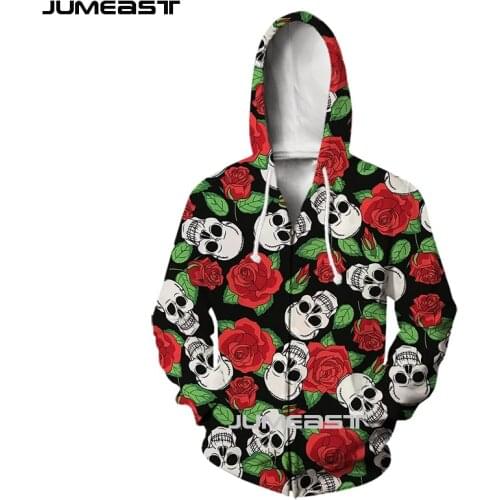 Jumeast Brand Men Women 3D Printed Red Rose And Skull Long Sleeve Jacket Sport Pullover Fashion Spring Zipper Hoodies