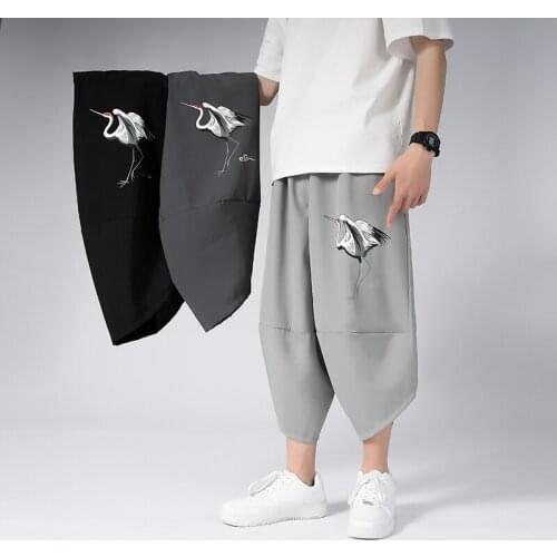2021 Men Harem Pant Casual Wide Leg Pants White Crane Print Elastic Waist Loose Trousers Male Fashions Black/Dark grey/Green