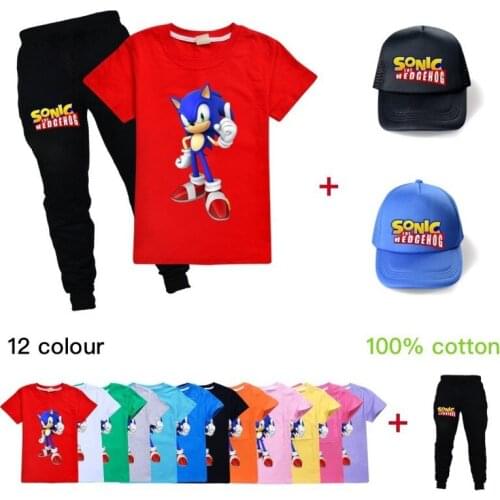 2021 Summer new Cartoon fashion trend casual three-piece cotton short-sleeved T-shirt shorts + baseball cap boys and girls suit