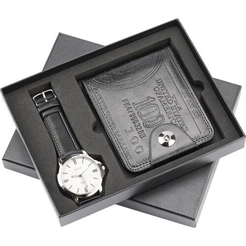 Purse Watch Gift Set With Box Men Qartz White Dial Wristwatch Leather Strap Male Wallet Exquisite Pattern Birthday Gift for Dad