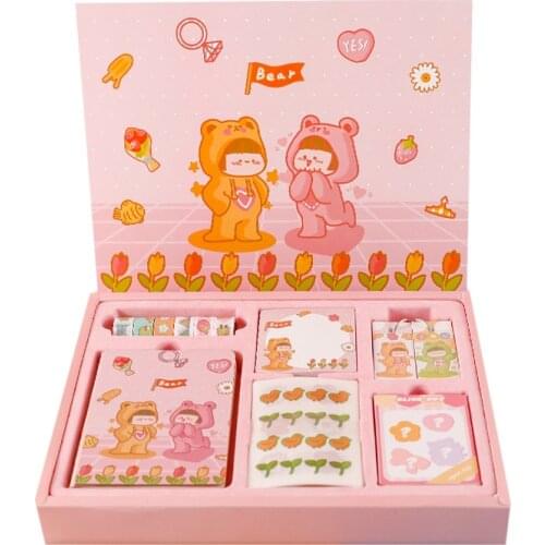 1 set Cartoon Portable Traveler Journal Notebook Stationery with Washi Tape Stickers Sticky Note Box Gift School Office Supplier